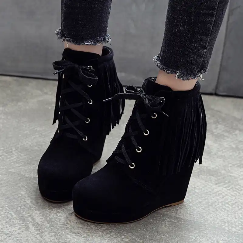 black fringe wedges