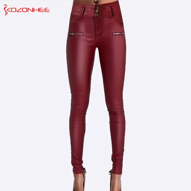 

Plus Size Women Red Wine PU Leather Pants Whith High waist Stretch Skinny Pants Female Elasticity Women's Tights Pencil Pants