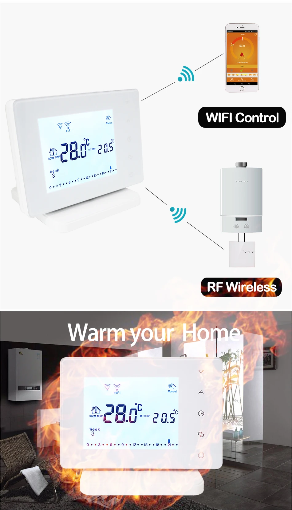 Beok 2 pcs Wireless Wifi Smart Thermostat for Gas Boiler Temperature Controller Works with Google Home Alexa BOT306RF-WIFI