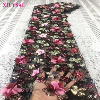 

3D Beaded Lace Latest 2020 African Nigerian Lace Fabrics French Sequin Lace Fabrics 5 Yards Nigerian Tulle Lace Fabric S990