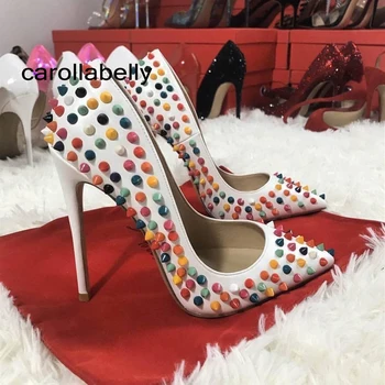 

2020 New Colorful Rivets Studded High Heels White Women Shoes Sexy Stiletto Shoes for Woman 8cm 10cm 12cm Big Size