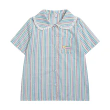 Цвет в полоску дизайн оборками воротник короткий рукав женская хлопковая блузка Радуга вышивка Свободная рубашка топы для девочек-подростков