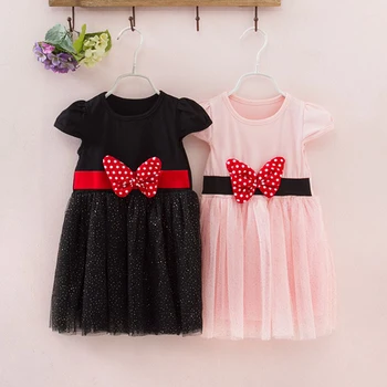 

Baby Girls Mickey Shinny Dress Children Big Bow Sequins Knee Length Dress Kids Princess Pink Black Casual Vestidos Child Cloth