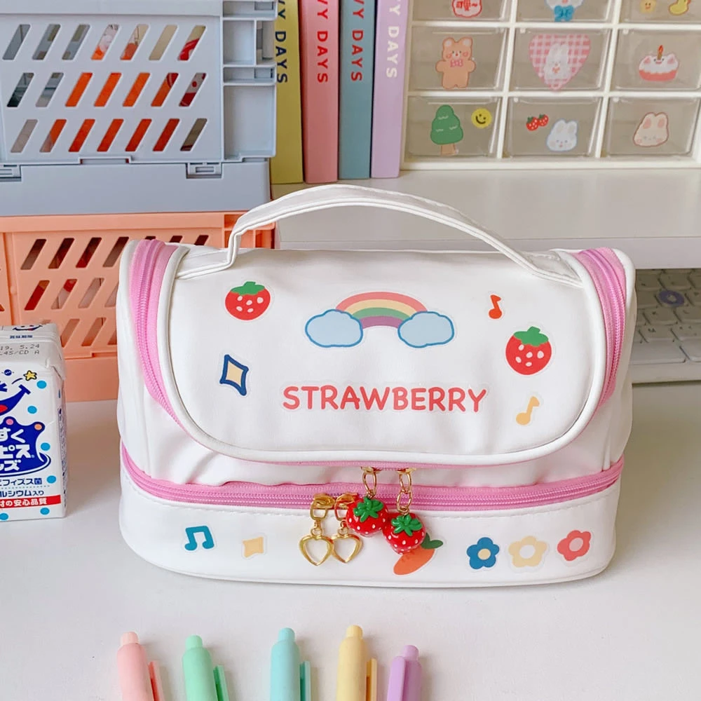 Estuches de lápices Kawaii para niñas, estuche grande de cuero de doble capa de capacidad, de lápices de colores bonitos, papelería, calem escolares| - AliExpress