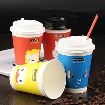 

50pcs Color cartoon disposable coffee cup 4oz/8oz/14oz/16oz milk tea paper cups birthday party favor cold hot drink cup with lid