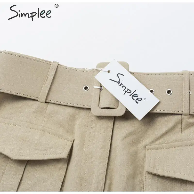 Simplee Sash belt Хлопковая женская короткая мини-юбка модная Осенняя Женская юбка трапециевидной формы с карманами Высокая талия Женская праздничная одежда юбка