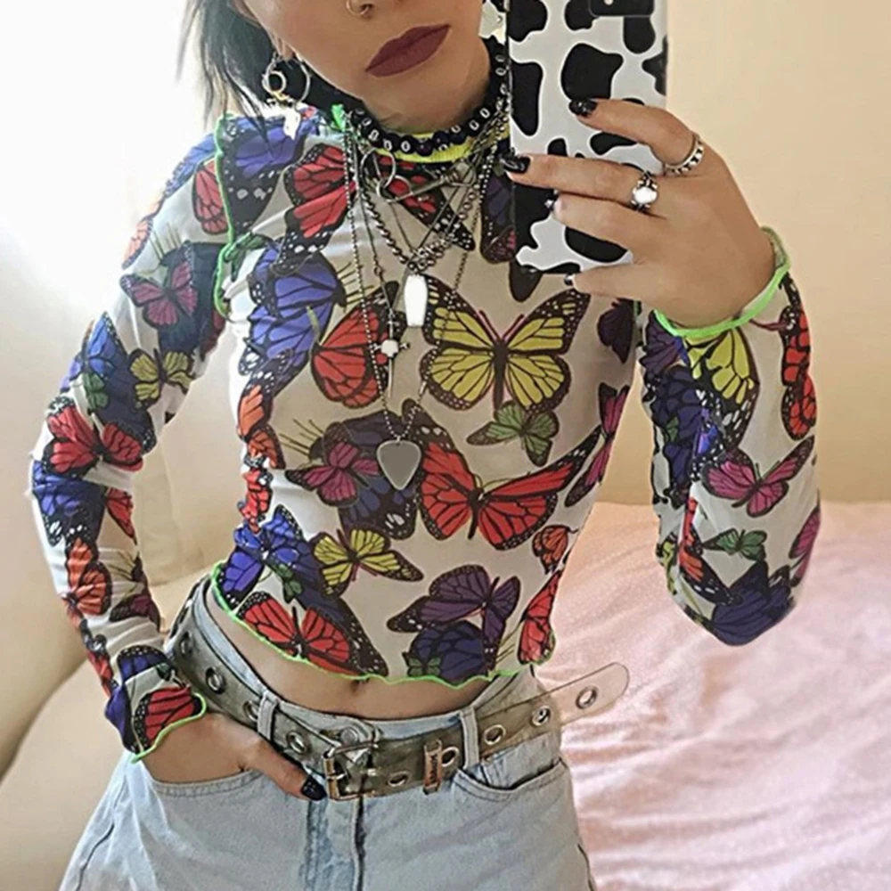 

T-shirt Femme Butterfly Printed Round Neck See-through Mesh Tops Women Sexy Casual Long Sleeve Slim T-shirts 2019