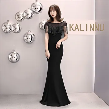 

Skyyue Solid Evening Dresses O-Neck Short Sleeve Beading Robe De Soiree Tassel Mermaid Floor-Length Illusion Eveing Gown C084