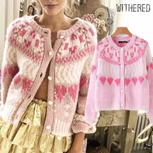 Увядший зимний свитер женский Инди фолк Винтаж Любовь жаккард розовый o-образный однобортный вязаный кардиган женский жакет Топы