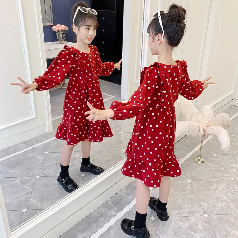 

Girls Dresses Autumn Winter Thickened Long Sleeve Polka Dots Wooden Ears Princess Dress 5-10 Years Kids Clothes