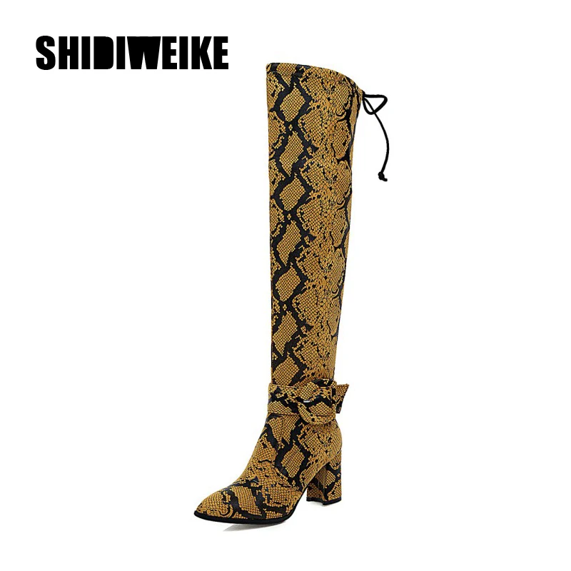 

Women Over-the-knee Boots Pointed Toe Square high Heels Flock Lace Up Pull On Printing snake pattern Big size 34-43 J845