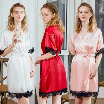 

Pajama Nightgown women's mid sleeve lace solid color sexy wine red Nightgown in spring and summer халат