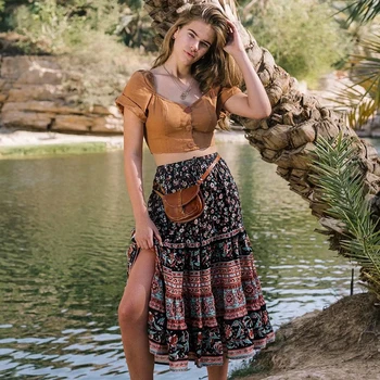 

Jastie Boho Floral Print Women Skirt Spring 2020 Elastic Waist Patchwork Contrast Color Bandage Skirt Retro Chic Vacation Skirt