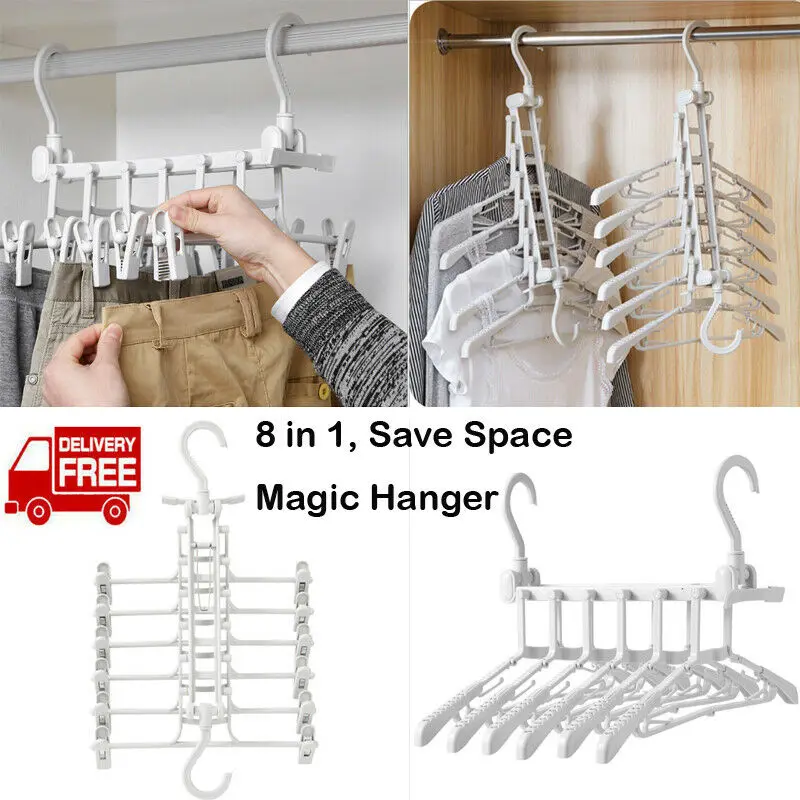 Foldable Closet Organizer Space Saver 8 Hanger Clothing Rack Clothes Hooks 