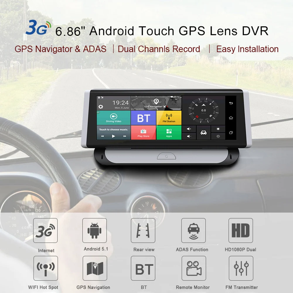

6.86" 3G Android Car DVR 1080P GPS Navigation ADAS Full HD Camcorder BT WiFi Dual Lens Truck Browser