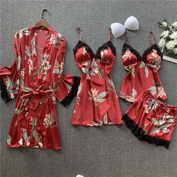 

4 Piece Womens Bathrobe Nightgowns Sets Autumn Lace Satin Negligee Sleepwear Printed Nightwear Sexy Night Dress Bridesmaid Robes