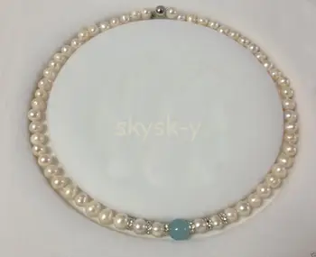 

NEW NATURAL 7-8MM REAL WHITE PEARL & 10MM NATURAL BLUE JADE BEADS NECKLACE 18"