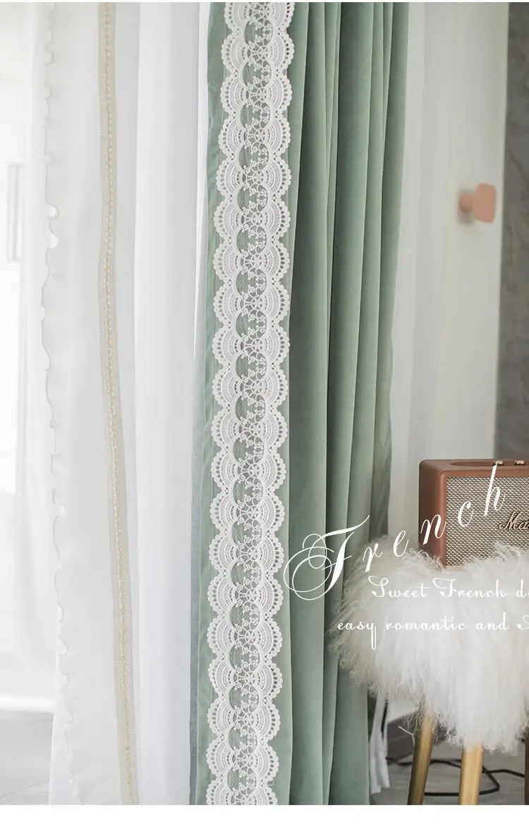 2022 New Avocado Green French Lace Princess Style Curtains Bedroom Living Room Bay Window Shading Curtains Modern and Simple