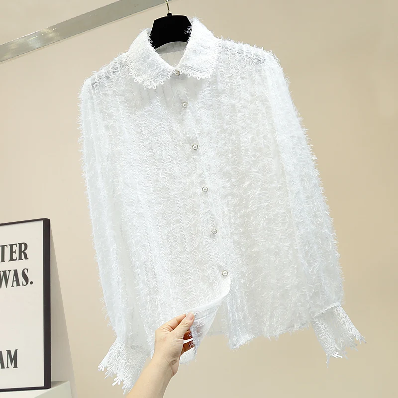 

Aristocratic Temperament Shirt Women's Spring Single Breasted Lace Crochet Furry Shirt White Blouse Ladies Tops Office Shirts