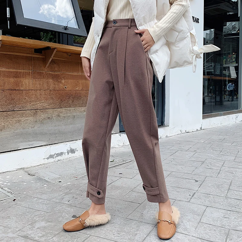 

2019 Autumn Winter Women Ankle-Length Harem Pants New Warm Elastic Waist Woolen Pants Female Pencil Pants Casual Trousers