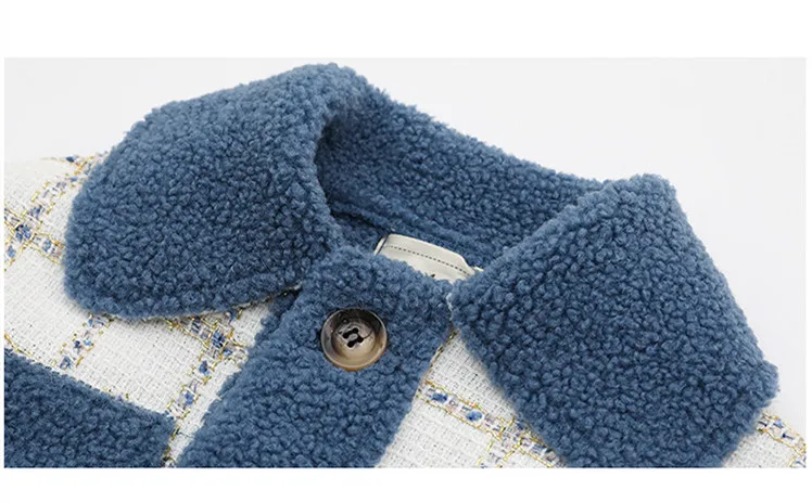 winter England little CC style Artificial lamb fur classic grid warm sweet turn-down collar jacket outwear for teenage girls