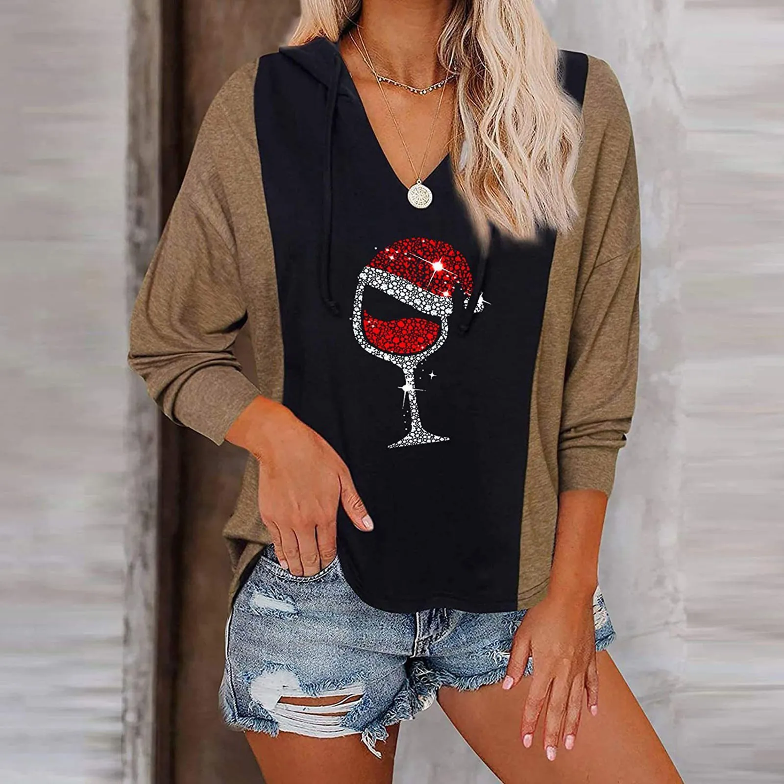 Harajuku T- Shirt Ladies Casual Long-sleeved New Christmas Women Solid Color Red Wine Glass Printing V neck Pullover Females 1