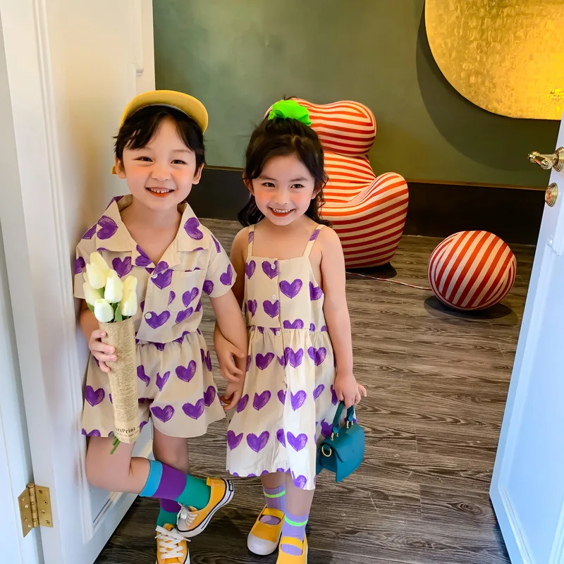 Korean style Summer boys heart printed clothes sets baby girls fashion single-breasted slipping dress