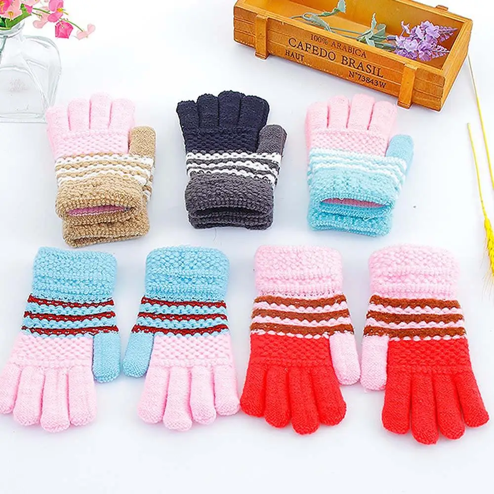 Winter Warm Gloves Children Knitted Stretch Mittens Kids Girls Boys Gloves Full Finger Gloves Multicolor Thick Gloves