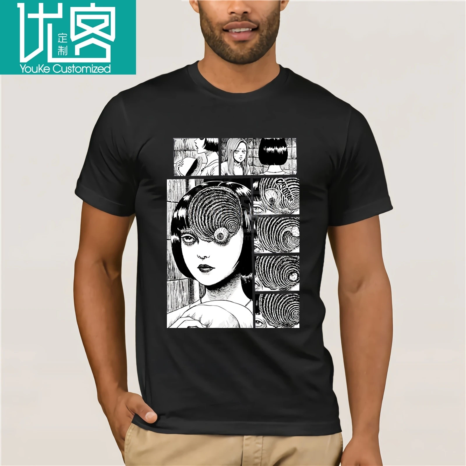 Uzumaki хлопковая футболка для мужчин Junji Ito футболки ужас Манга футболка для мужчин Slim Fit короткая футболка
