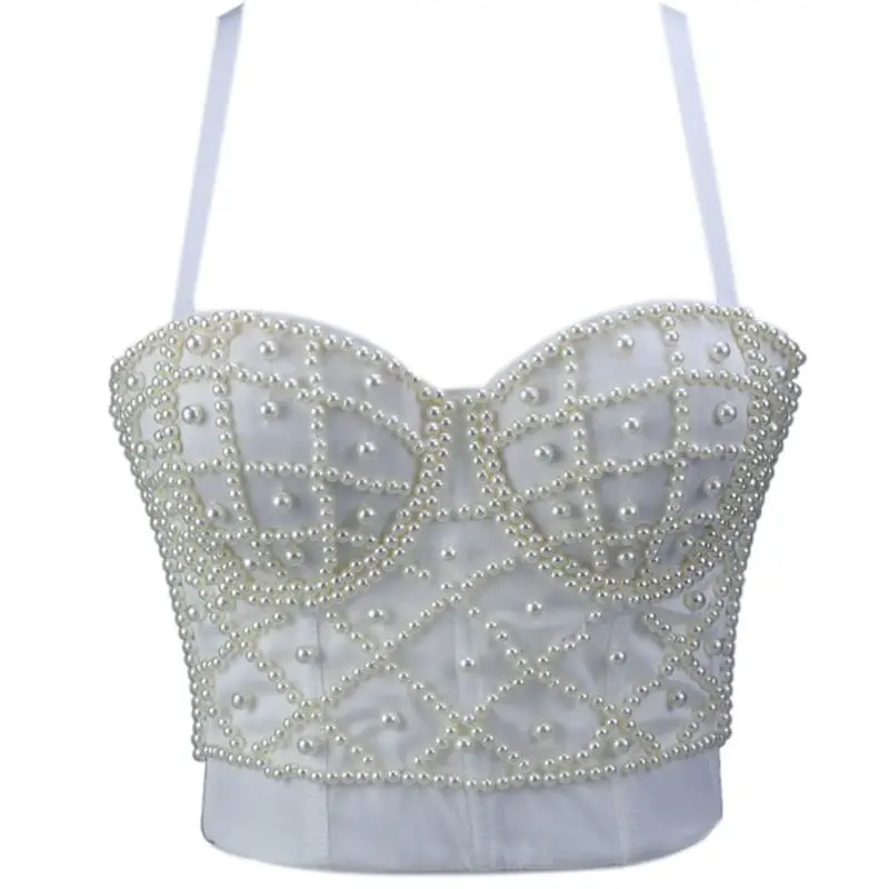 Women Sleeveless Crop Top Sexy Pearl Beaded Bustier Push Up Corset Club Bralette green bra