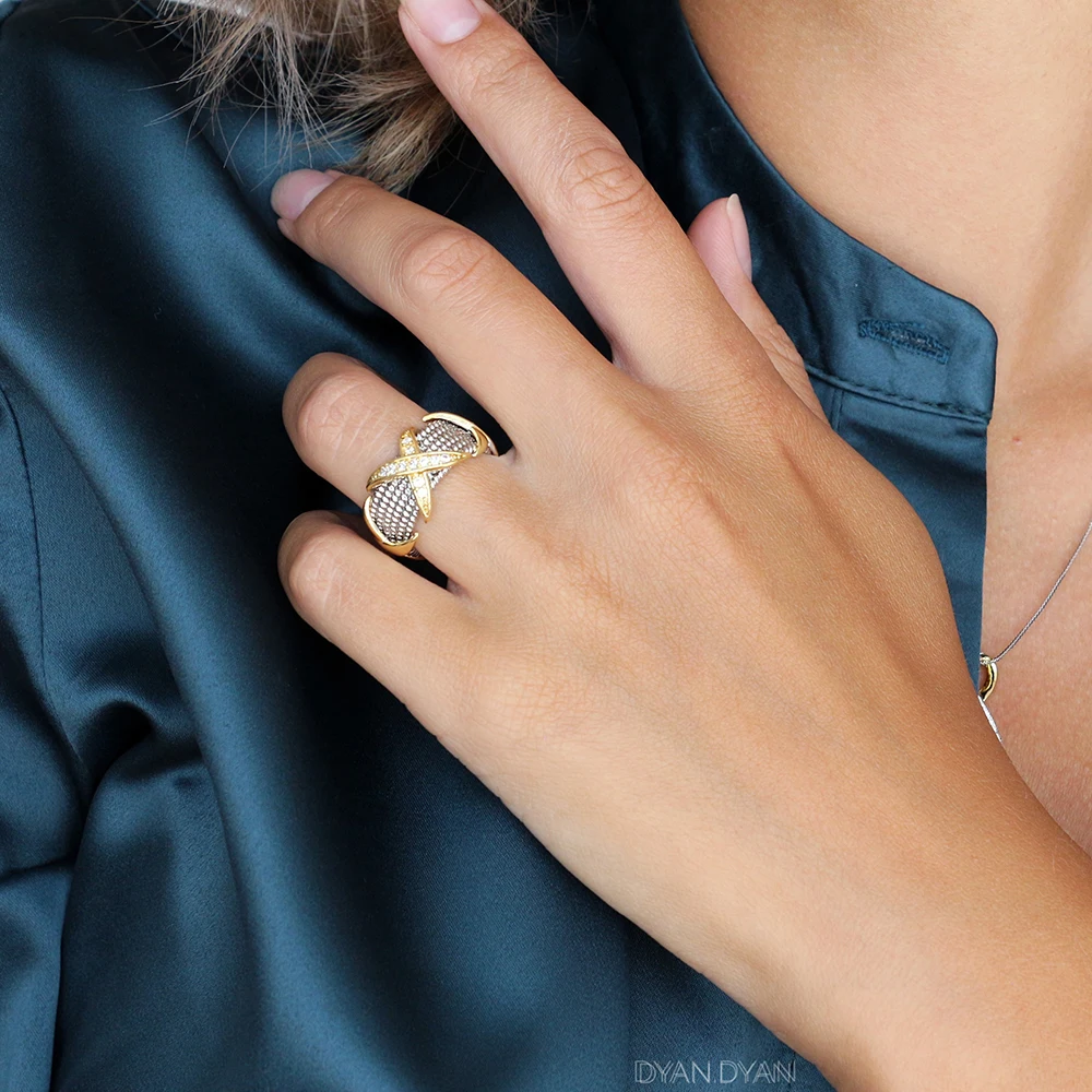 Мода 2 тон пластина кольцо крест дизайн с Потрясающие яркие CZ Кристалл bague femme Анель Модные кольца для женщин