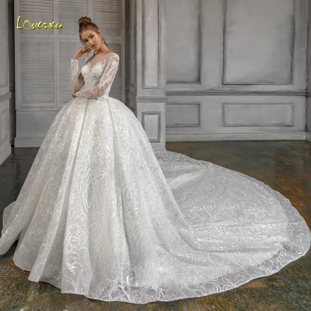 Loverxu бальное платье кружевные свадебные платья 2019 аппликация длинный рукав кружева невесты платье собора свадебное платье с длинным