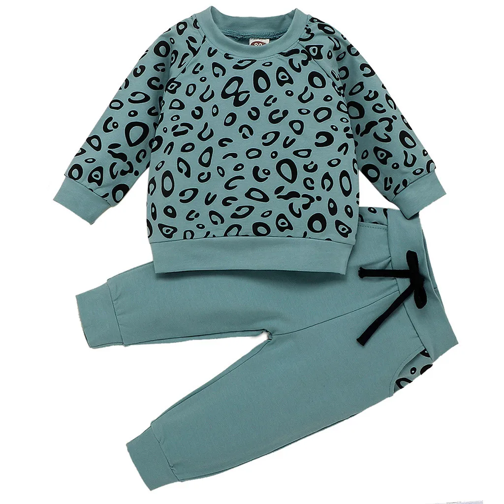 Осенне-зимняя модная леопардовая футболка с длинными рукавами и круглым вырезом для маленьких мальчиков; свитер; пальто; рубашка; брюки; комплект детской одежды - Цвет: Зеленый