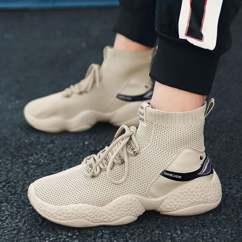 BomKinta Plus Fur Shark Printed Designer Casual Shoes Men Breathable Mesh Sneakers High Top Stretch Male Footwear | Обувь