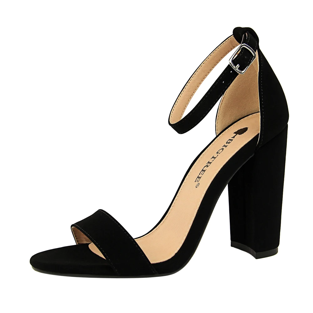 

B1-1 Size 34-43 Woman Flock Ankle Strap Sandals Female Solid Colors Sandal Woman Thick Heels Shoes Women High Quality Party Shoe