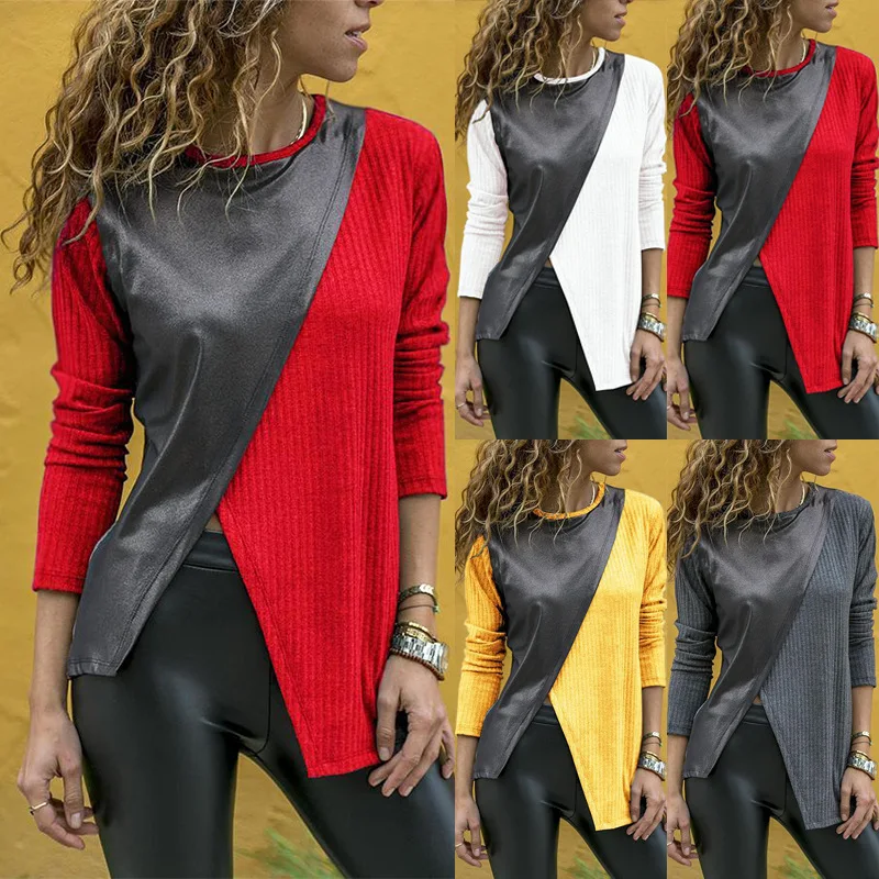 

Contrast Color Patchwork Long Sleeve T-shirts Woman Fashion Autumn PU Leather And Polyester Tee Shirt Front Split Tops WDC3403