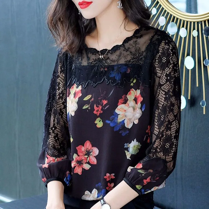  Women Spring Autumn Style Lace Blouses Shirts Lady Casual Long Sleeve Patchwork O-Neck Blusas Tops 