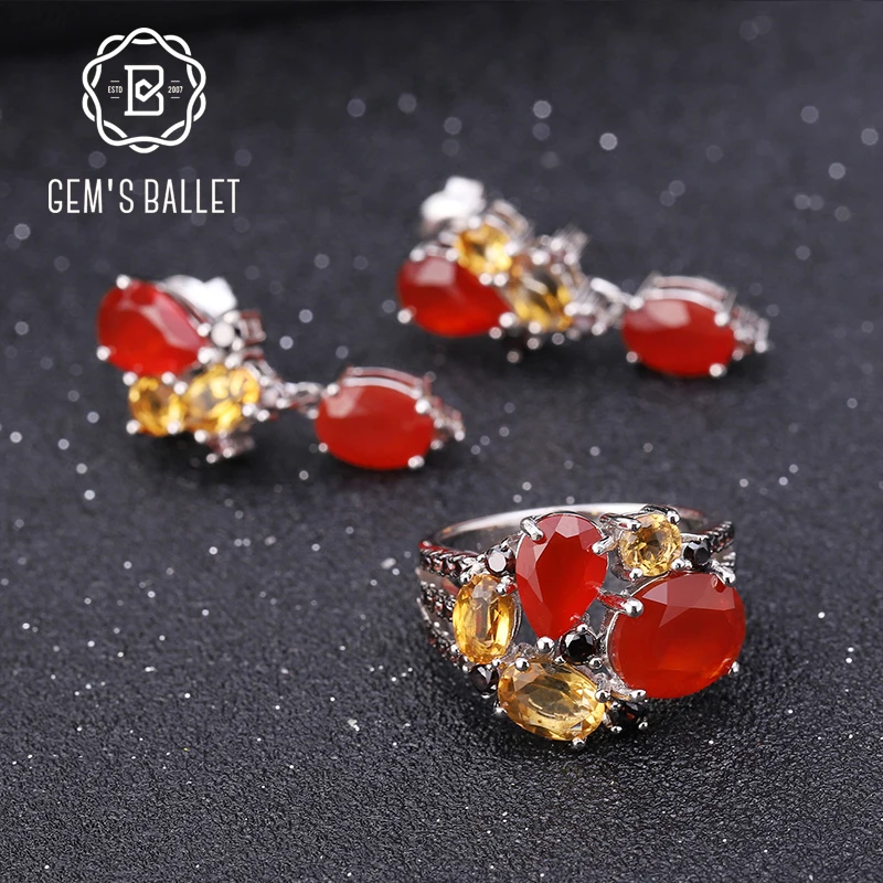GEM'S BALLE, 925 пробы, серебряные, яркие, ювелирный набор, натуральный красный гранат, цитрин, кольцо, серьги, наборы для женщин, хорошее ювелирное изделие
