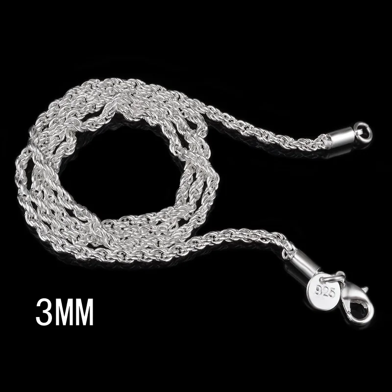Роскошные ювелирные изделия из твердого серебра Веревка ожерелье цепь для женщин 1" 18" 2" 22" 2"(40 см-60 см), ширина 3 мм