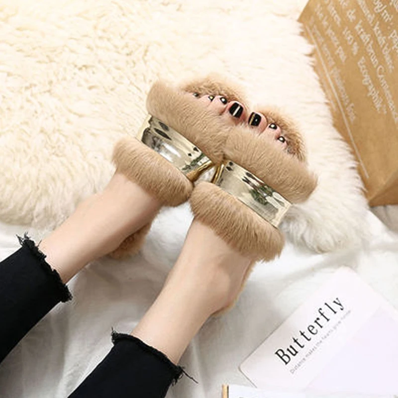 

Fur Slippers Women Rhinestone Butterfly Furry Slides Fur Sandals Ladies Fluffy Winter Thick Bottom Cozy Winter Slippers Shoes