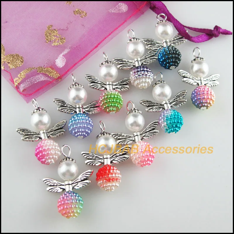 10Pcs Tibetan Silver Tone Angel Mixed Acrylic Waxberry Ball Charms Pendants 20x29mm