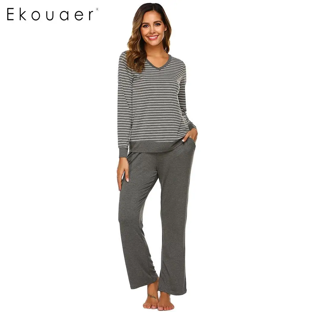 

Ekouaer Women Pajamas Sleepwear O-Neck Long Sleeve Striped Top Loose set Solid Full Length Mid Waist Pants Lounge Pajama Sets