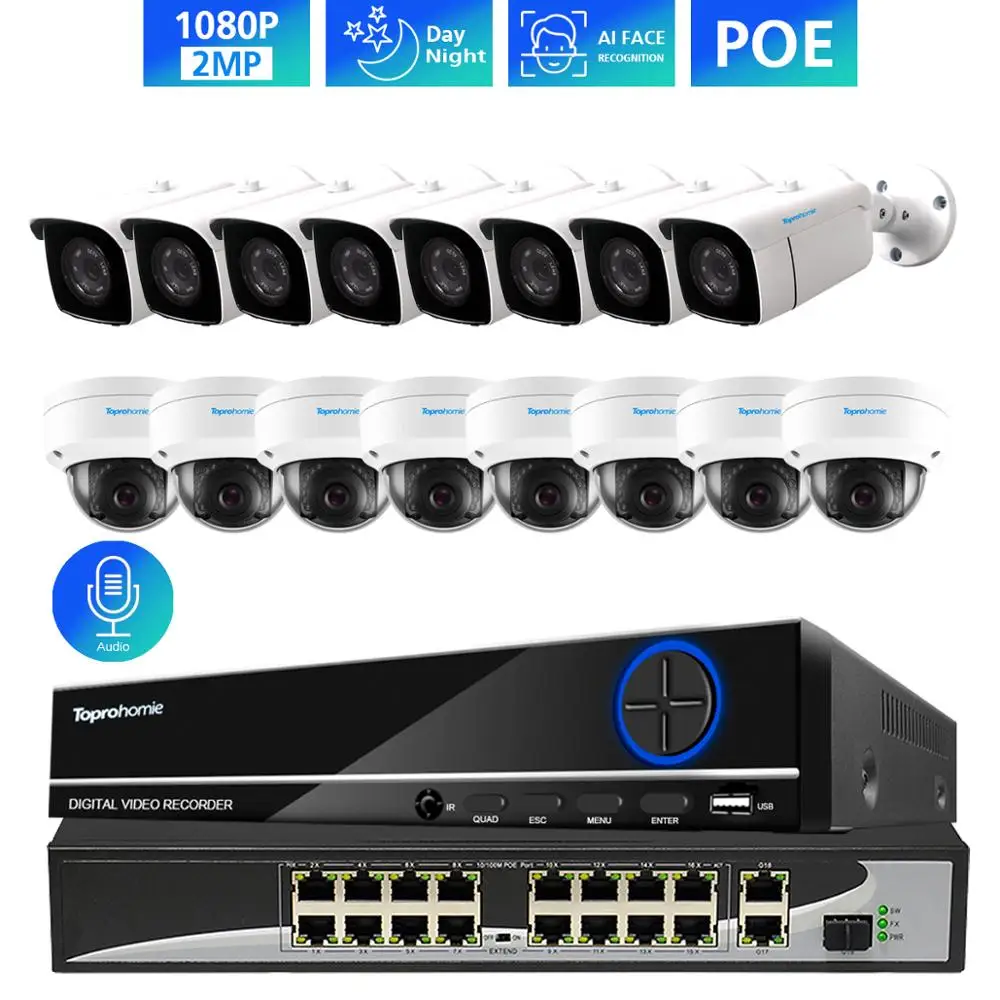TOPROHOMIE H.265 + 4K 5MP 16CH POE NVR Kit 2.0MP CCTV Системы безопасности IP Камера 1080P Audio In/камера