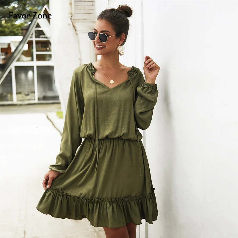 Women Dress Autumn V Neck Loose Mini Sexy Party Dresses Casual Ruffles Cotton Knitted Long Sleeve High Waist Warm Winter | Женская
