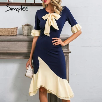 

Simplee Women o-neck ruffled office dress Sexy mermaid casual elegant ladies party dress Patchwork work wear bow bodycon dress