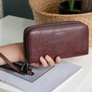 

Casual Men's High Quality Leather Luxury Long Wallet Slim Men Classic Wallet Solid Color Zipper Wallet Credit Multi-Card Wallet