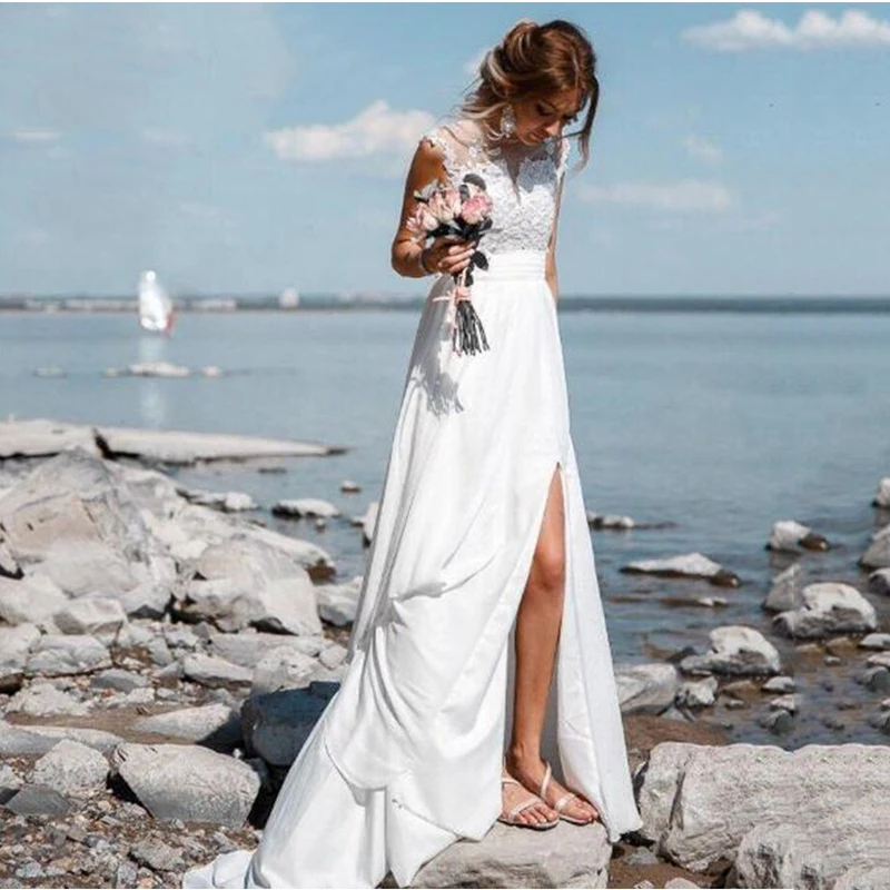 

SoDigne Beach Wedding Dress Lace Appliques Bride Dress 2019 Sleeveless Slit Side White Ivory Wedding Dress Custom Made