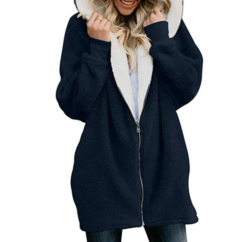 Женские толстовки на молнии Осенняя свободная толстовка с капюшоном для девочек теплая верхняя одежда пальто милые свитера большого размера 5XL - Цвет: Navy