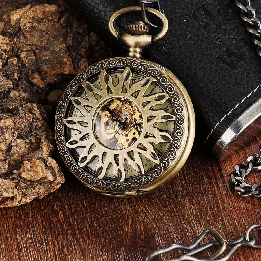Unique Bronze Sun Flower Hollow Design Mechanical Pocket Watch Retro Steampunk Skeleton Hand Wind Watches FOB Chain Male Clock