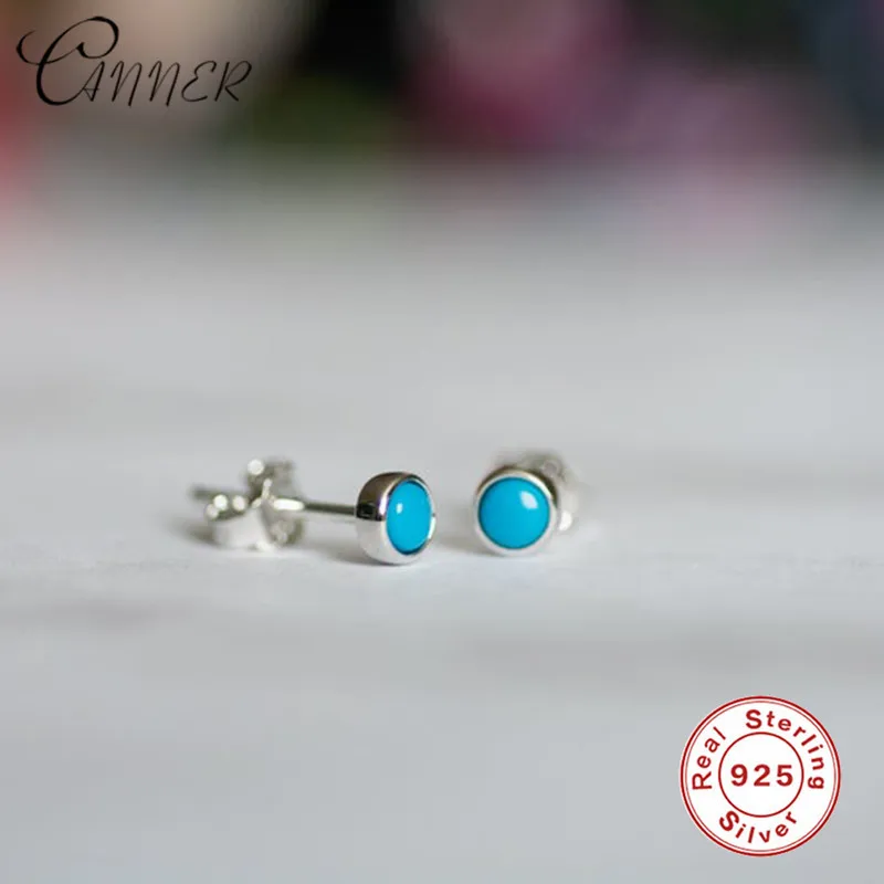 CANNER Boho бирюзовый камень маленькие серьги гвоздики для женщин Свадебные богемные ювелирные изделия 925 пробы серебряные Простые круглые серьги - Окраска металла: Платиновое покрытие